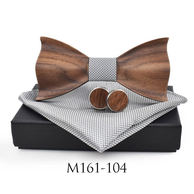 Show Stopping Wooden Bow Tie With Matching Cuff links & Pocket Square