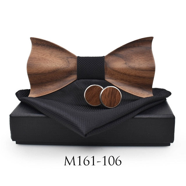 Show Stopping Wooden Bow Tie With Matching Cuff links & Pocket Square