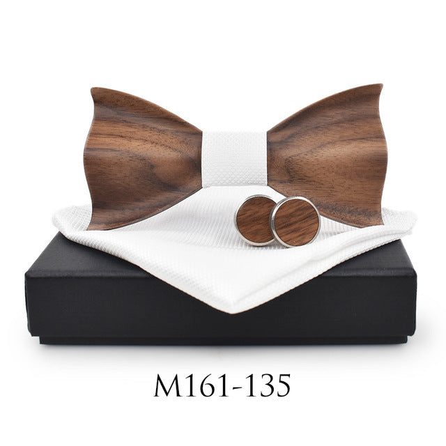 Show Stopping Wooden Bow Tie With Matching Cuff links & Pocket Square