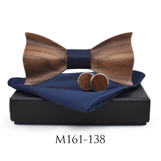 Show Stopping Wooden Bow Tie With Matching Cuff links & Pocket Square