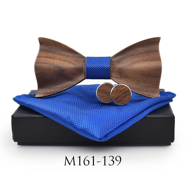 Show Stopping Wooden Bow Tie With Matching Cuff links & Pocket Square