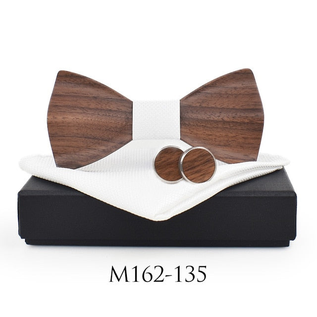 Show Stopping Wooden Bow Tie With Matching Cuff links & Pocket Square