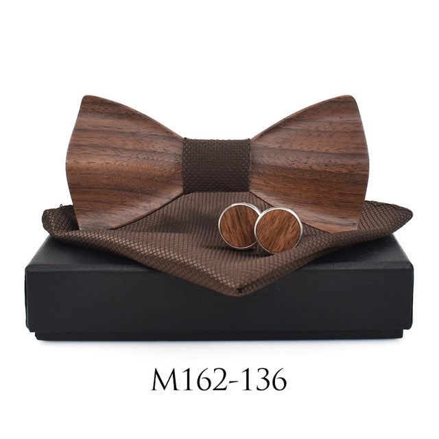 Show Stopping Wooden Bow Tie With Matching Cuff links & Pocket Square